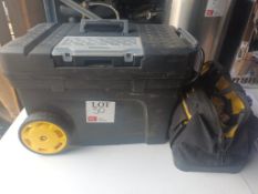 Stanley tool box on wheels and Stanley tool bag with various handtools