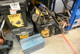 Quantity of hand tools and various Stanley tool boxes, bags, etc.