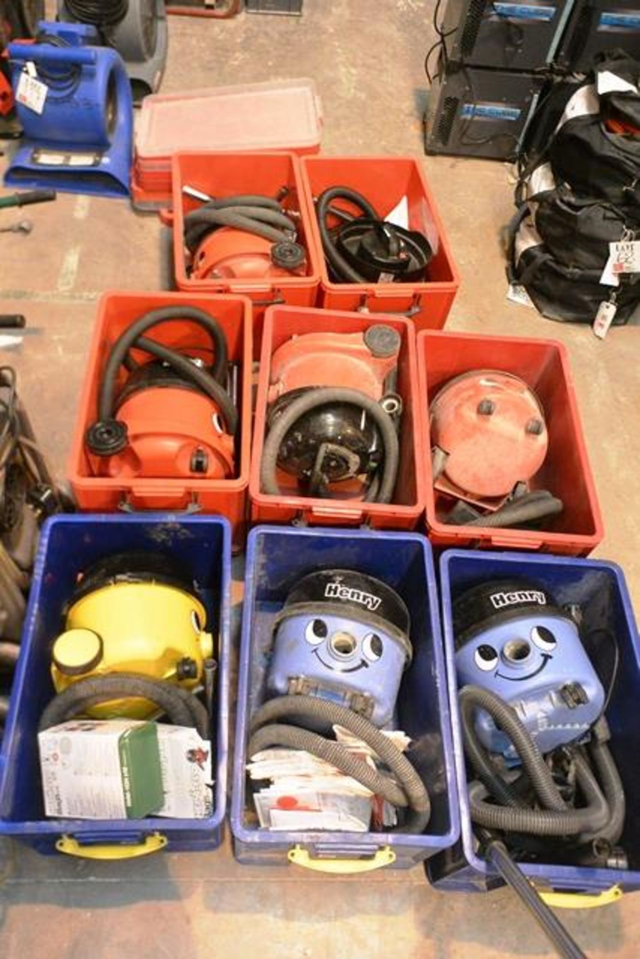 Nine various Numatic Henry vacuum cleaners, and one George carpet cleaner