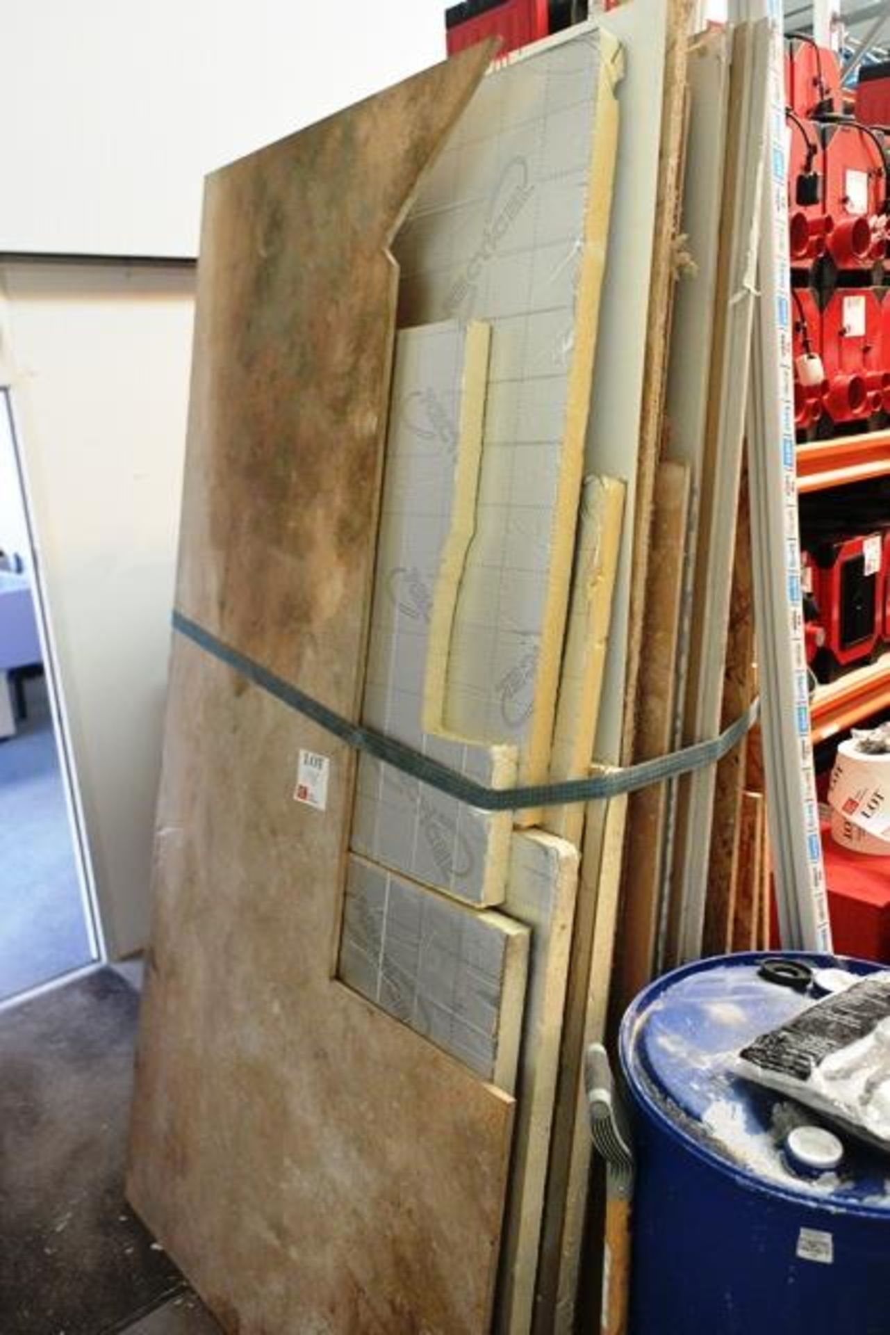 Quantity of various Norbord flooring, untreated timber lengths, chipboard, Recticel insulation, plas