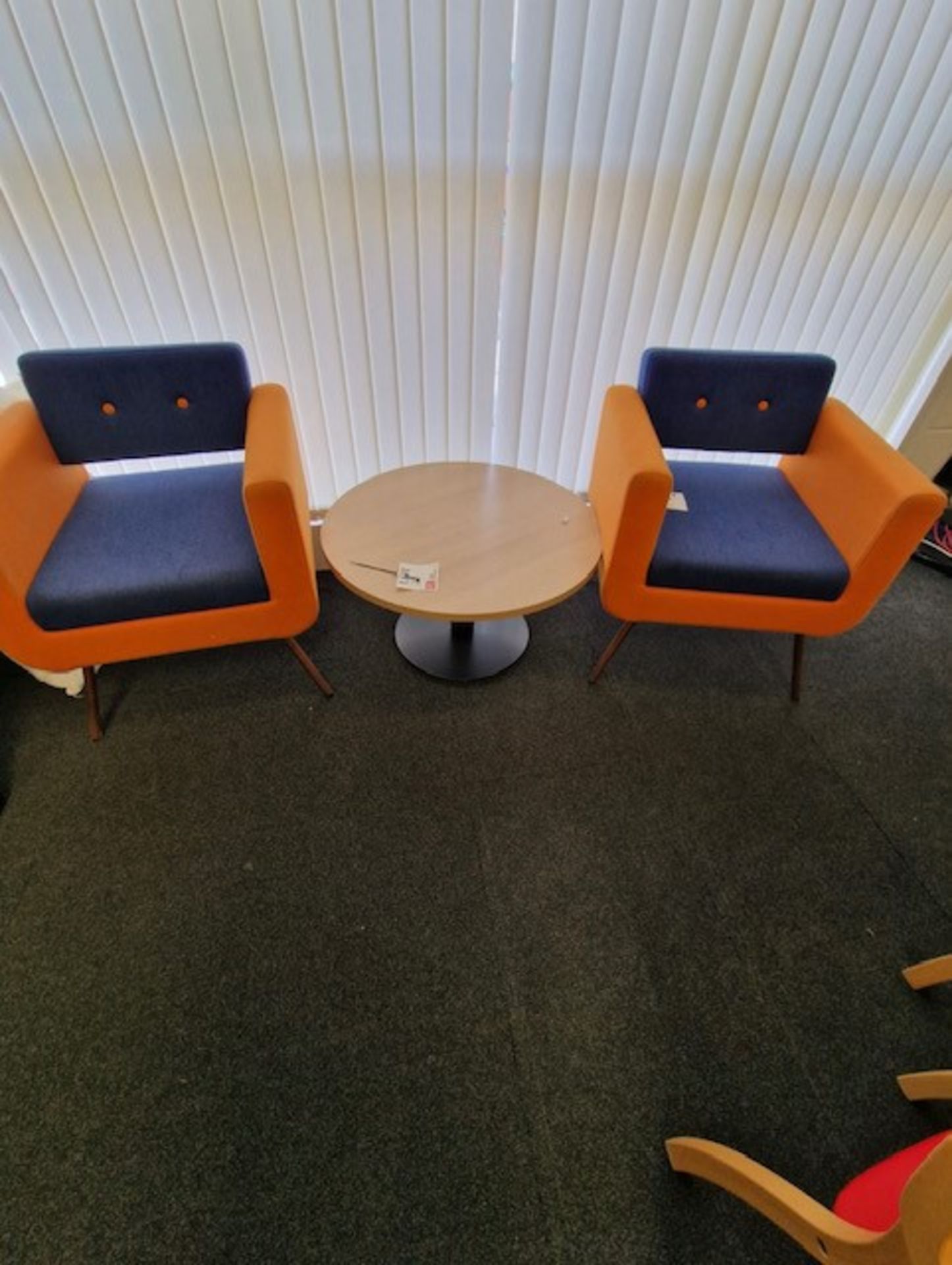 Two blue/orange cloth upholstered chairs and light oak effect circular coffee table - Image 2 of 3