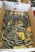 Box and contents to include various HSS taper shank/straight reamers, end mills (metric) (Please