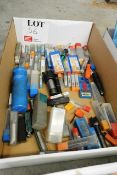 Box and contents to include various HSS end mills, reamers, cutting tips, etc. (Please note, This