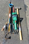 Assorted garden tools to include hedge trimmer, pitchfork, shears, sledge hammer (Please note,