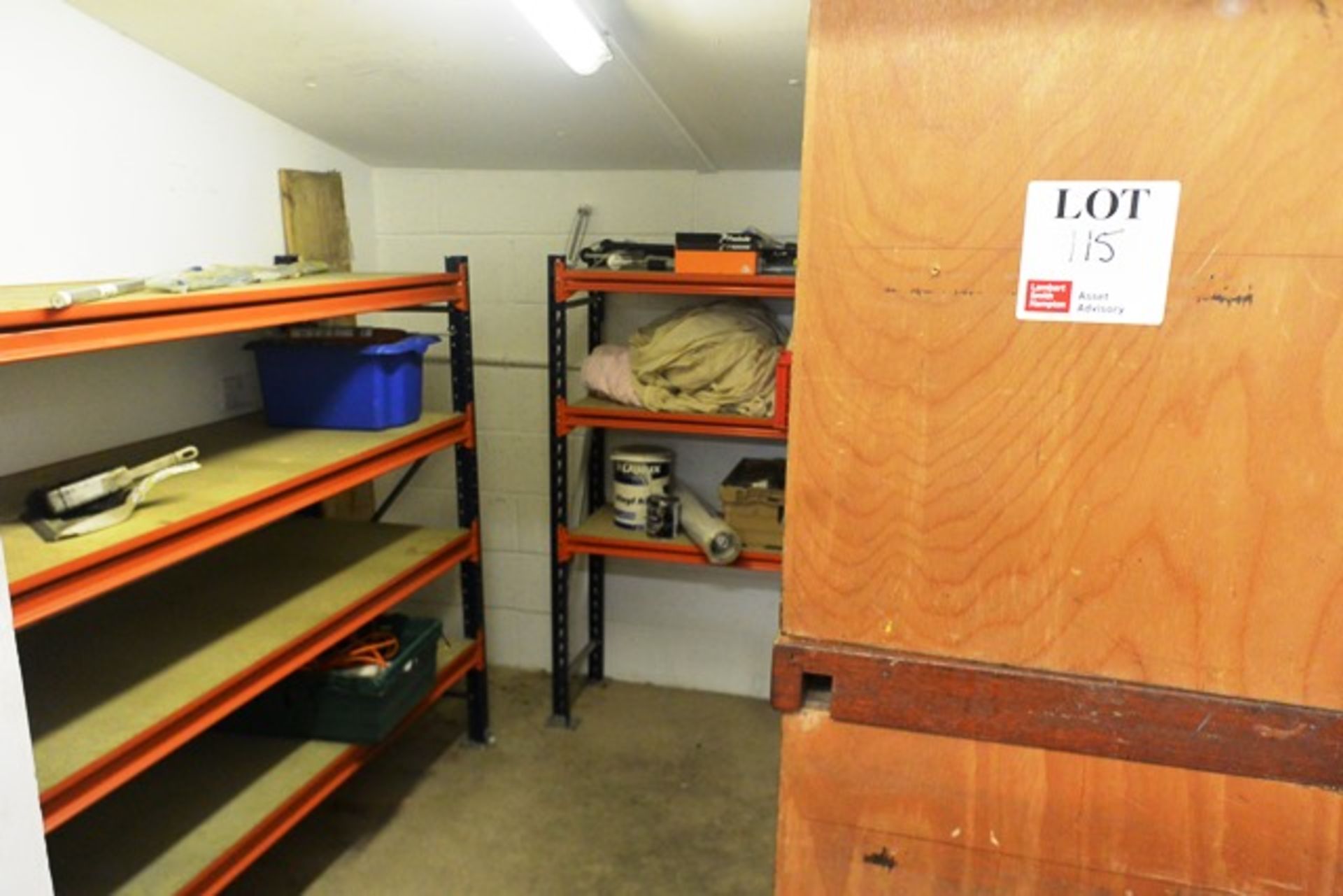 Remaining loose contents of storage room to inc: two bays of stores racking,