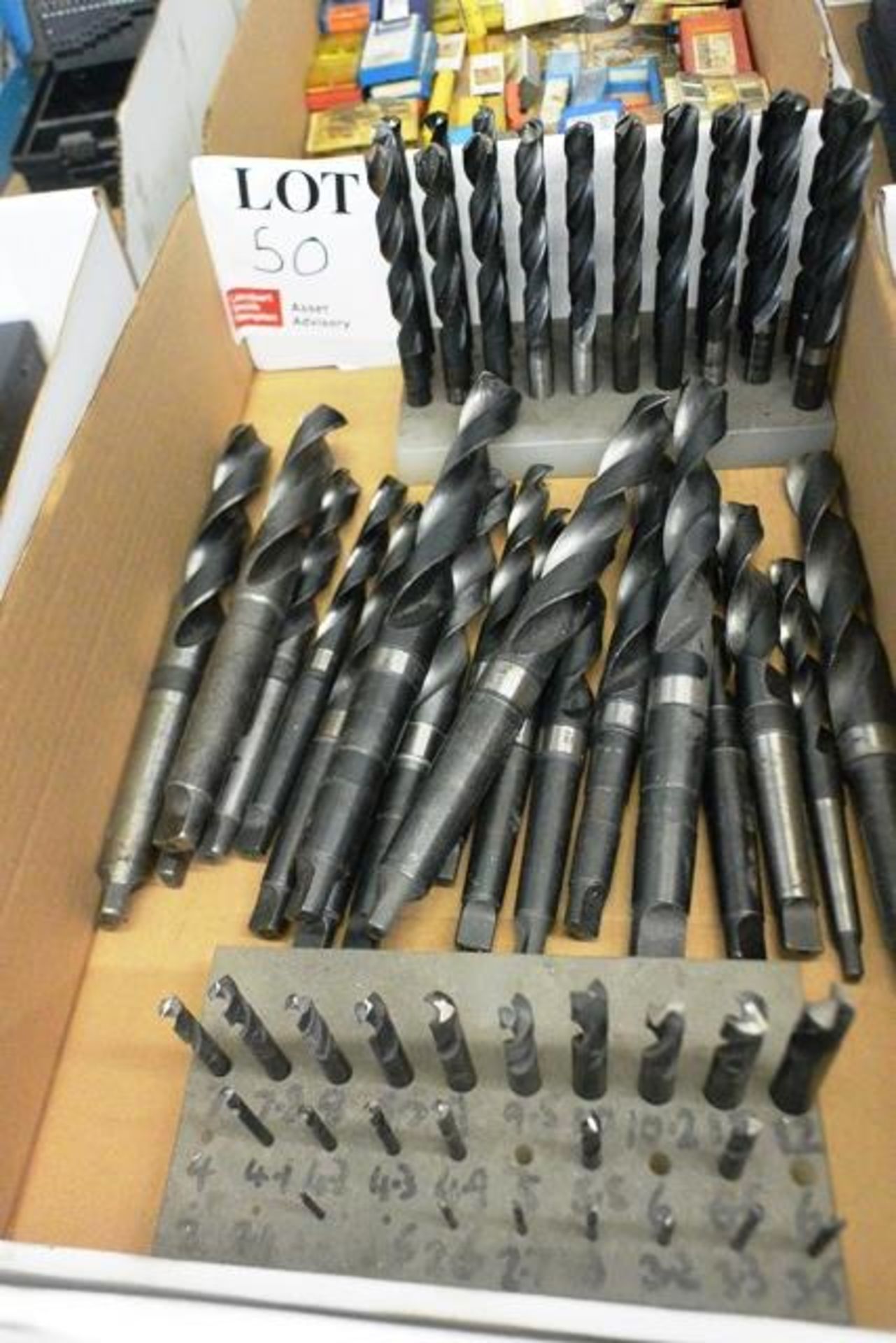 Box and contents to include various HSS taper shank/straight drills (metric) (Please note, This