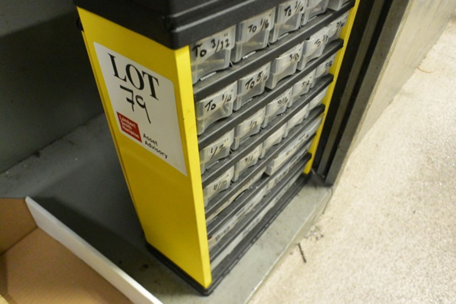 Multi drawer storage rack and contents to include various imperial end mills, cutter insert tips,