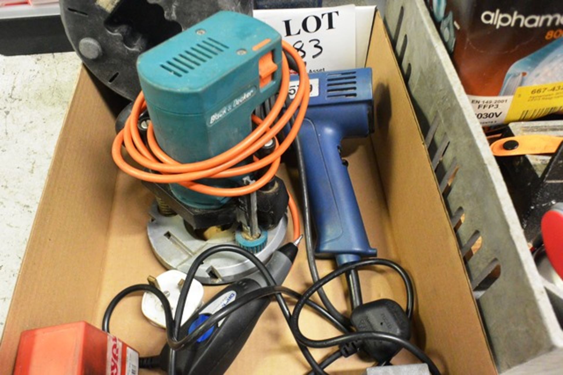 Two various boxes of tools to include router, heat gun, dremmel engraver, letter punches, etc. (
