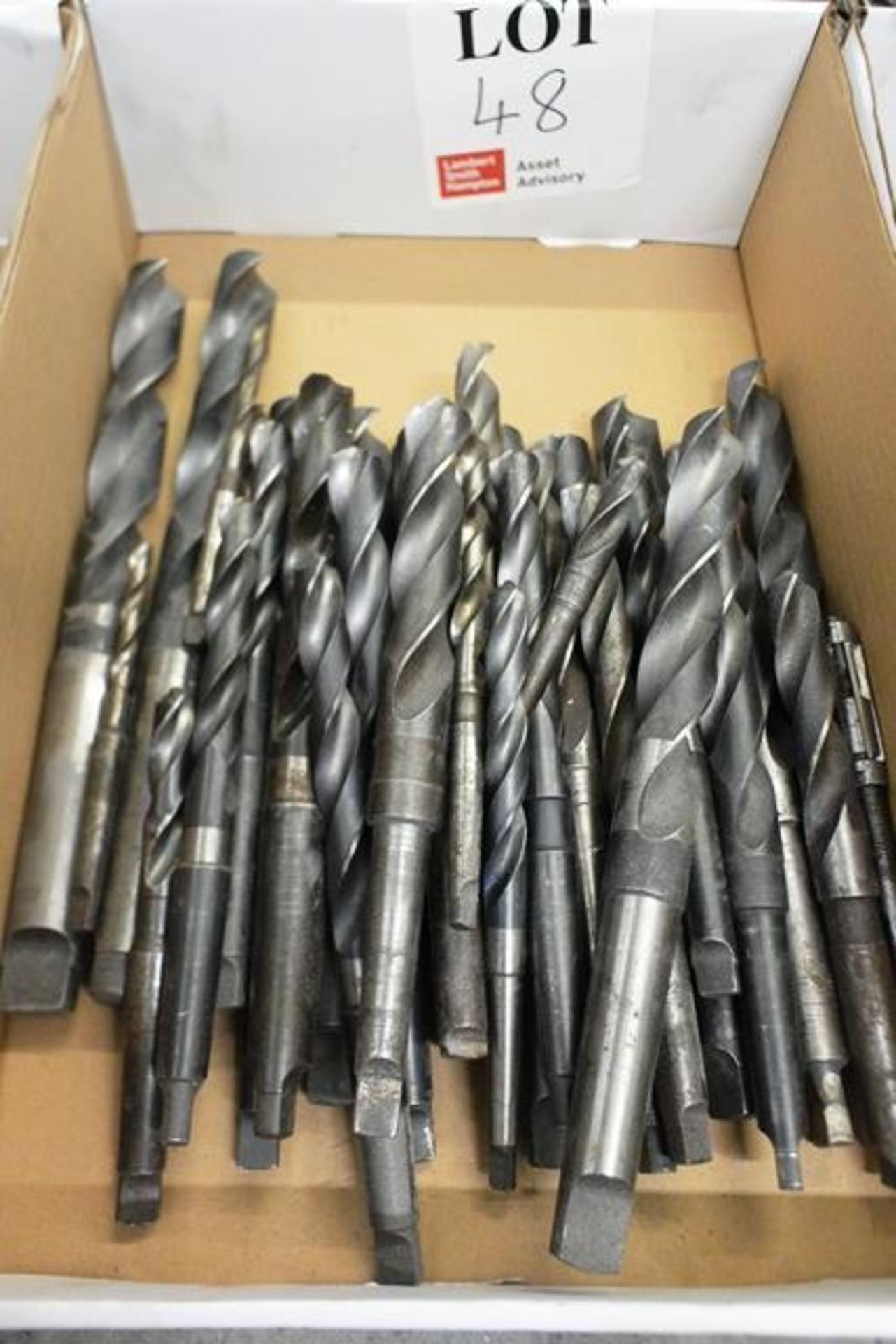 Box and contents to include various HSS taper shank drills (imperial) (Please note, This lot must be