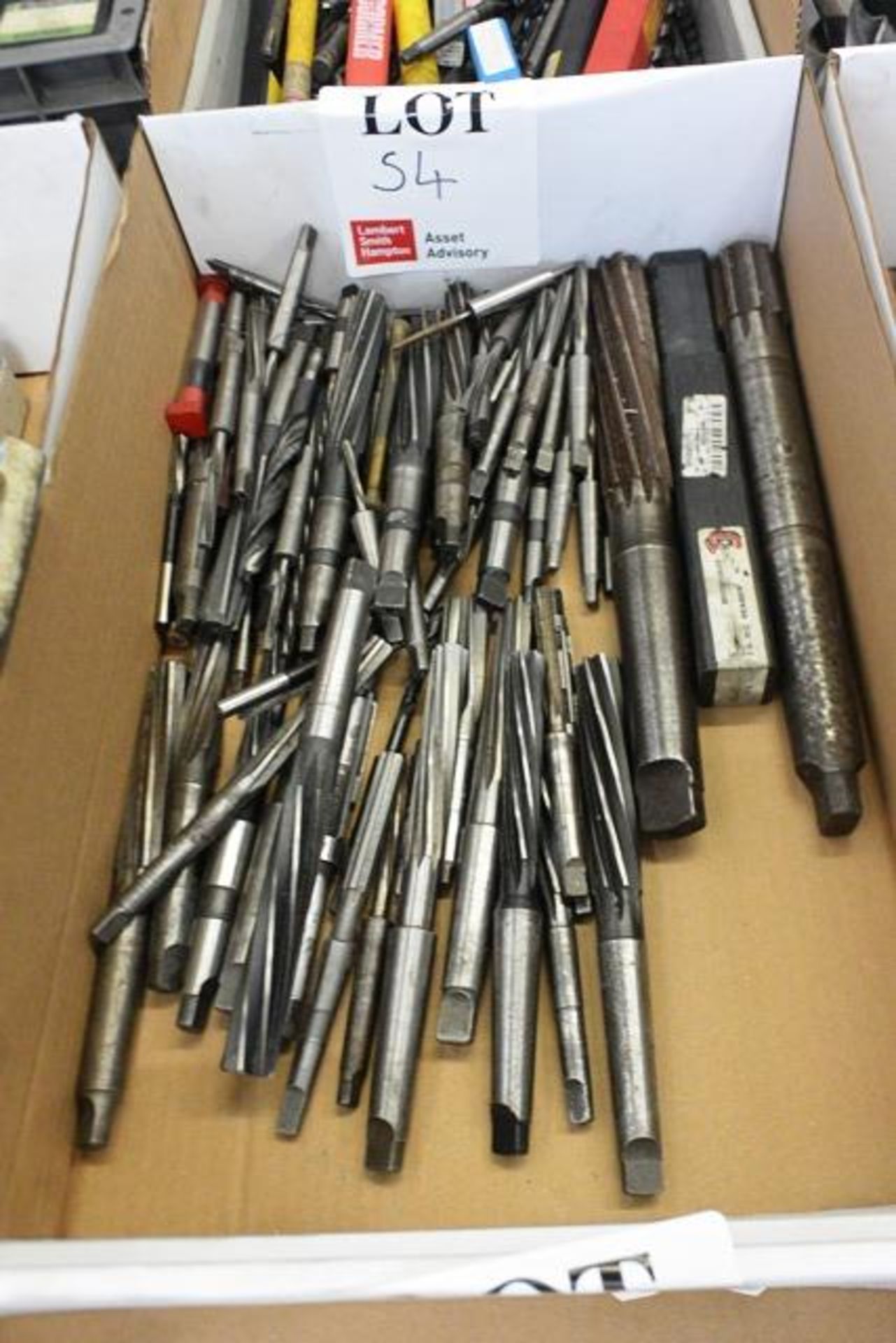 Box and contents to include various HSS taper shank/straight reamers (imperial) (Please note, This