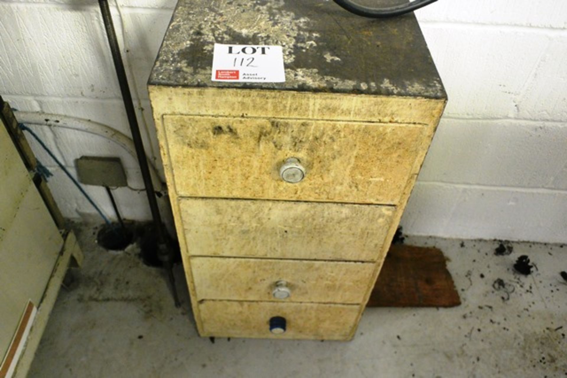 Two mobile steel frame/timber topped storage units, and timber 4-drawer chest and table (only one in - Image 4 of 5