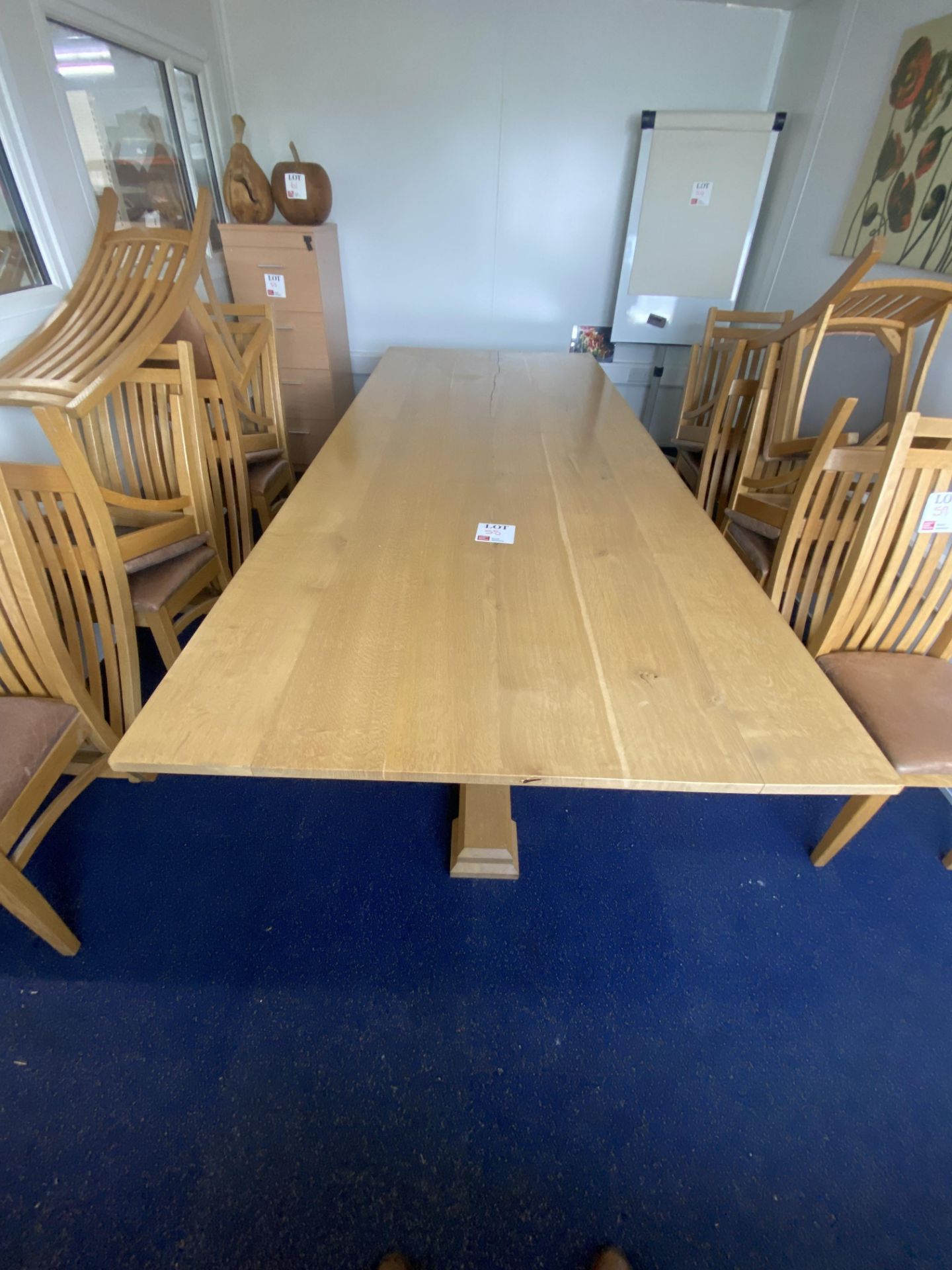 Wood effect dining table, height 73cm, length 2.97m, width 1.2m