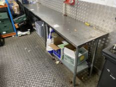 2 Stainless steel workbenches (no contents) ((height 90cm x length 1.8m x 60cm), (height 90cm x