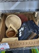 Wicker box to include various menu blackboards and wooden plates