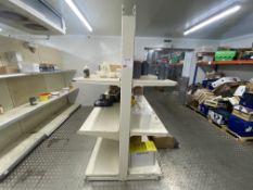 1 double sided, 3 shelf, shop display rack, approx measurements: (height 2.2m x length 3.03m x width