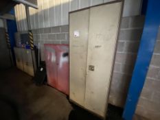 Two double door metal storage cabinets, unlocked, with keys