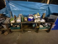 Contents of bench to include various umbrellas, three crates of kitchenware, Olive Oil dispenser,