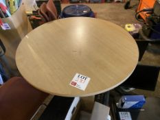 Light wood effect circular table, four upholstered chairs