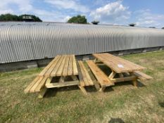 Two wooden garden benches, approx 180 x 140 x 74cm