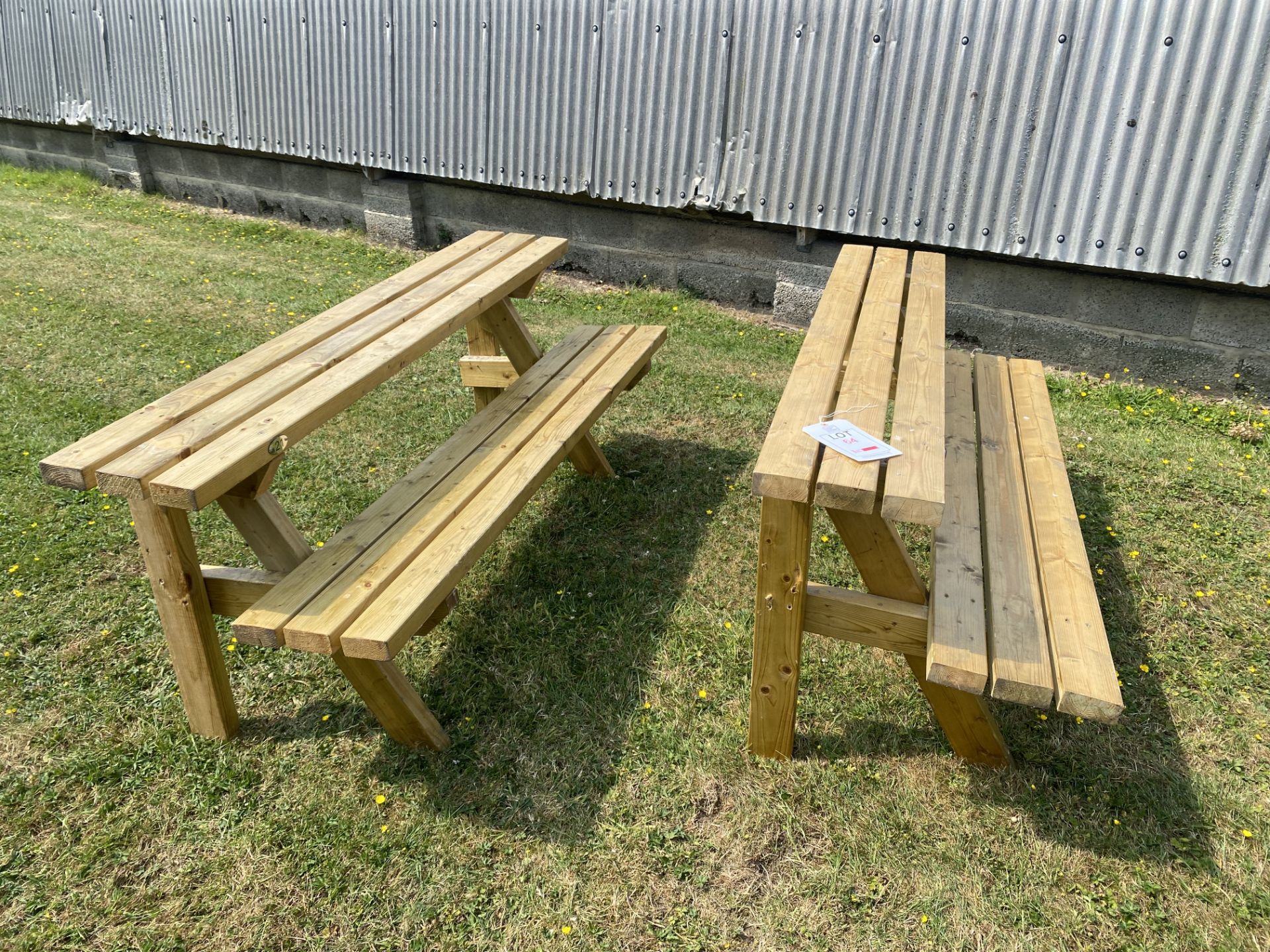 Two 2-seater wooden half benches, approx 180 x 64 x 74cm