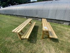 Two 2-seater wooden half benches, approx 180 x 64 x 74cm