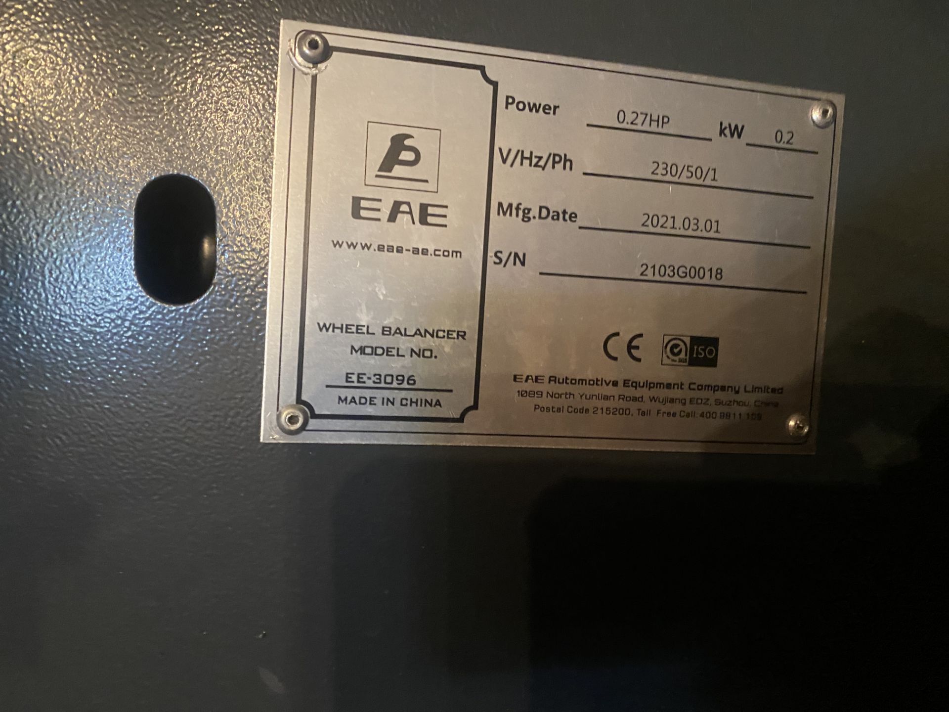 EAE wheel balancer, model EE-3096, serial no. 2103G0018, 240v - Image 4 of 5