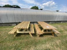 Two wooden garden benches, approx 180 x 140 x 74cm