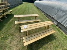 Two 2-seater wooden half benches, approx 180 x 64 x 74cm