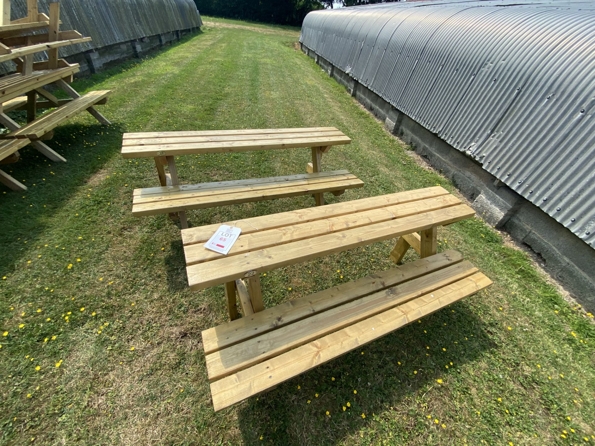 Two 2-seater wooden half benches, approx 180 x 64 x 74cm