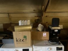 Miscellaneous lot including Russell Hobbs coffee machine, kettle, box tape, glass vases, etc.