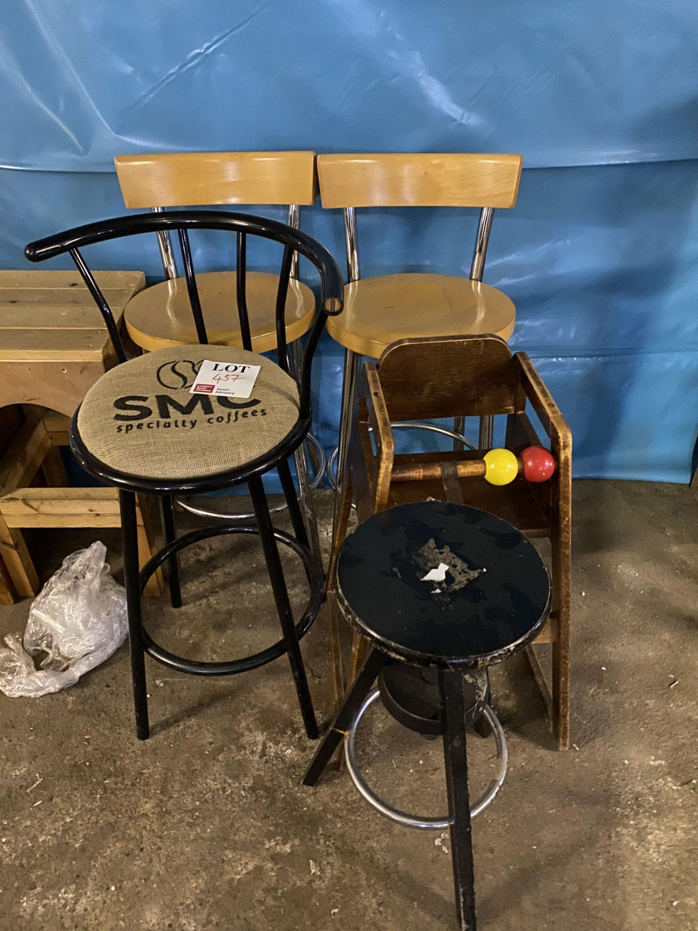 Three various stools & child seat