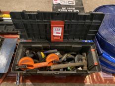 Assorted hand tools including two tool boxes, three wrenches, hammers, spanners, etc.