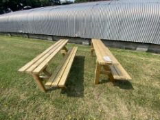 Two 2-seater wooden half benches, approx 180 x 64 x 74cm