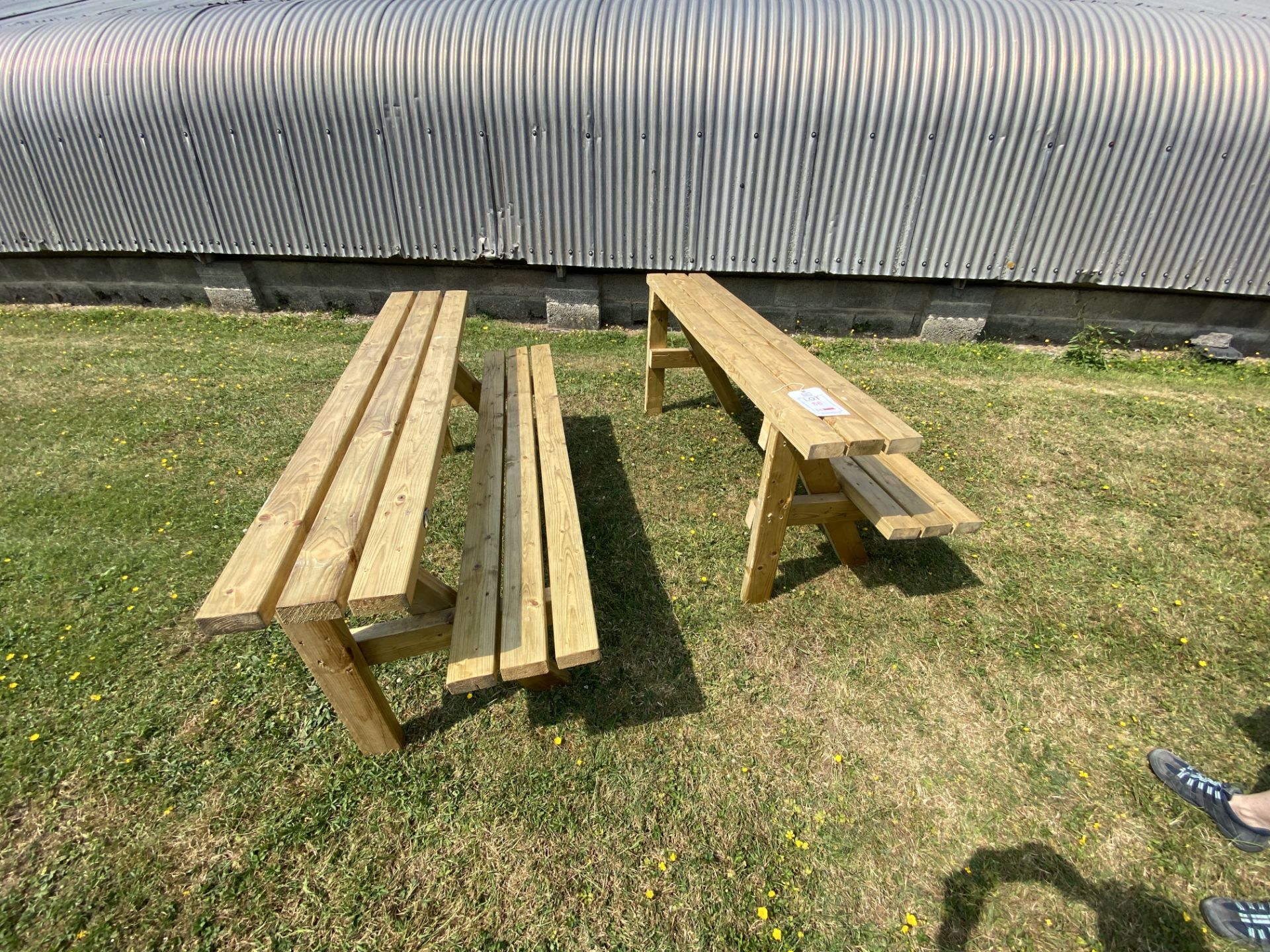 Two 2-seater wooden half benches, approx 180 x 64 x 74cm