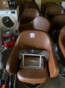 Five brown leatherette adjustable height swivel hair salon chairs