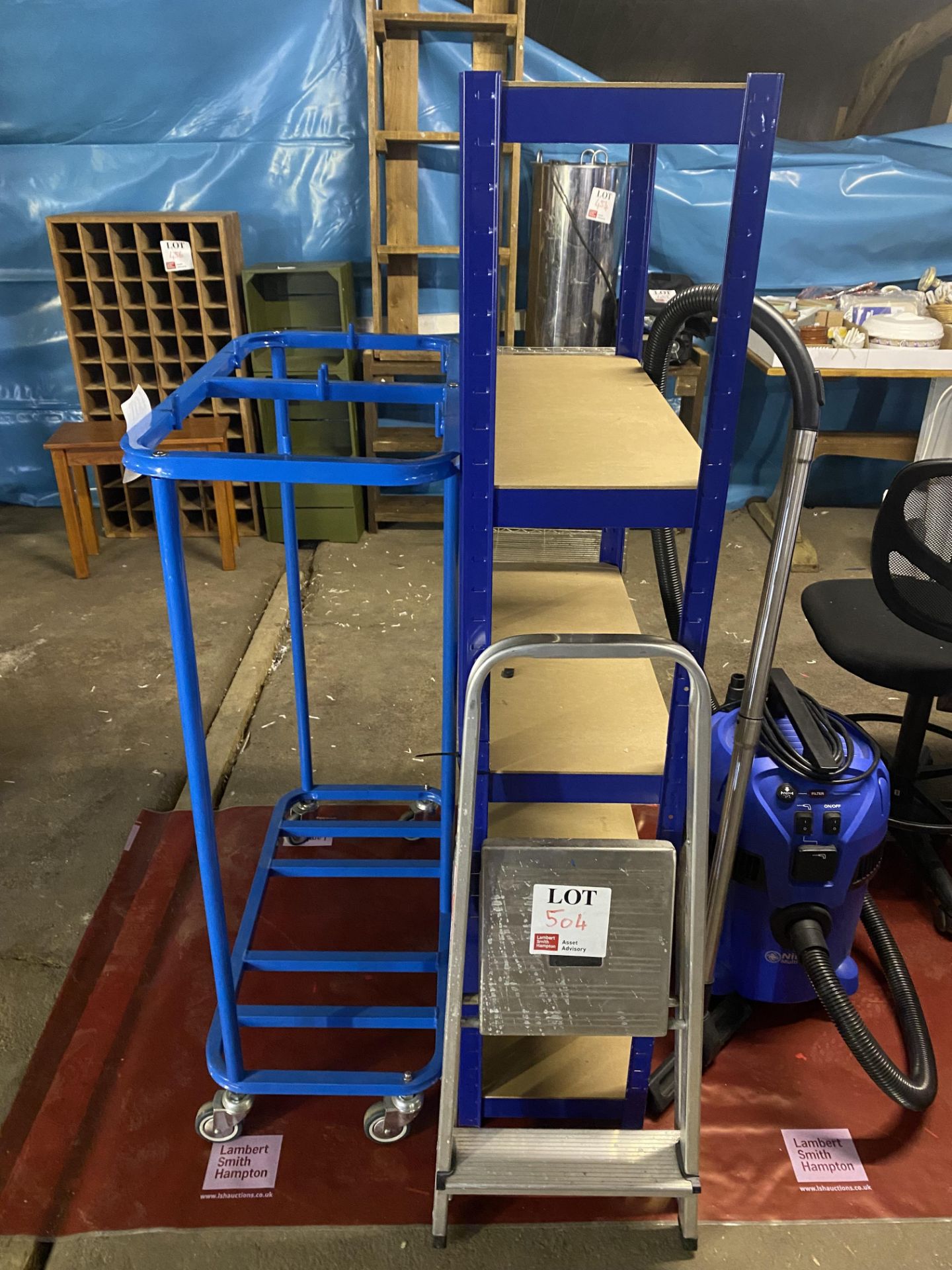 Boltless storage rack, metal framed trolley, one stainless steel step-up