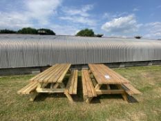 Two wooden garden benches, approx size 180 x 140 x 74cm