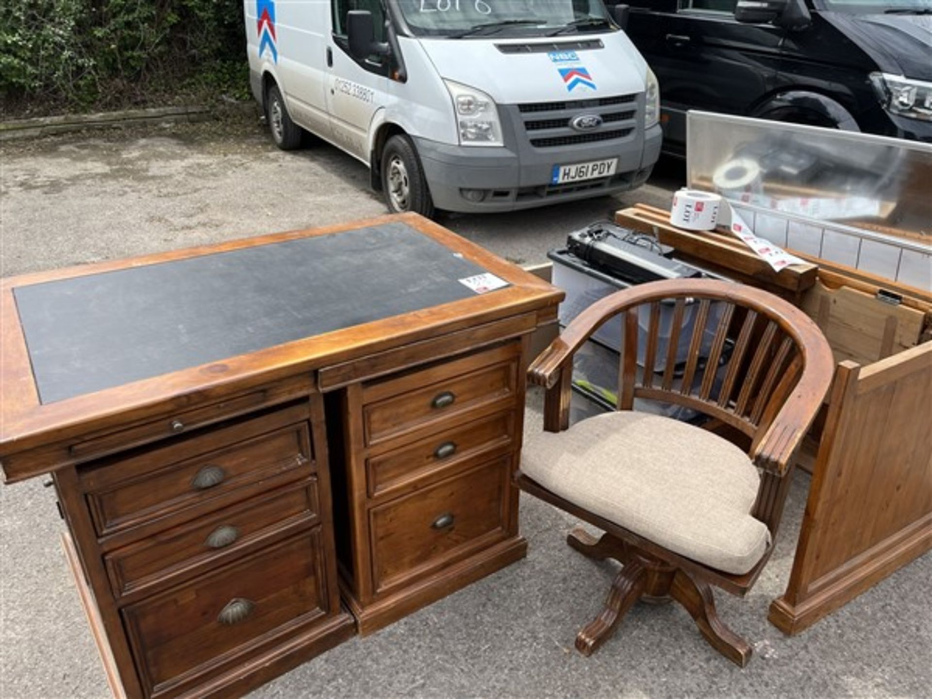 Two timber frame desks, 7 white boards, power bank laminator, timber frame chair - Image 3 of 9