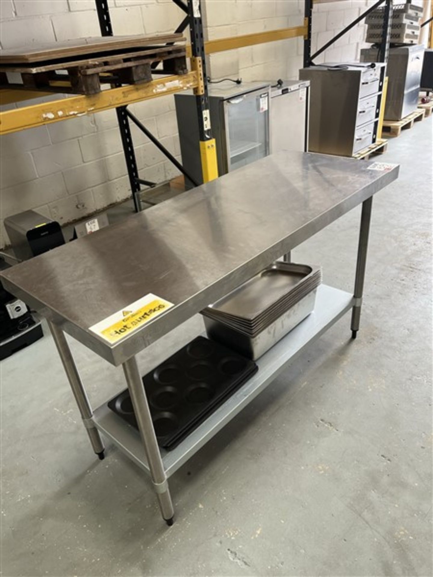Stainless steel rectangular prep table, approx 1500 x 600mm, with stainless steel catering trays ( - Image 3 of 4