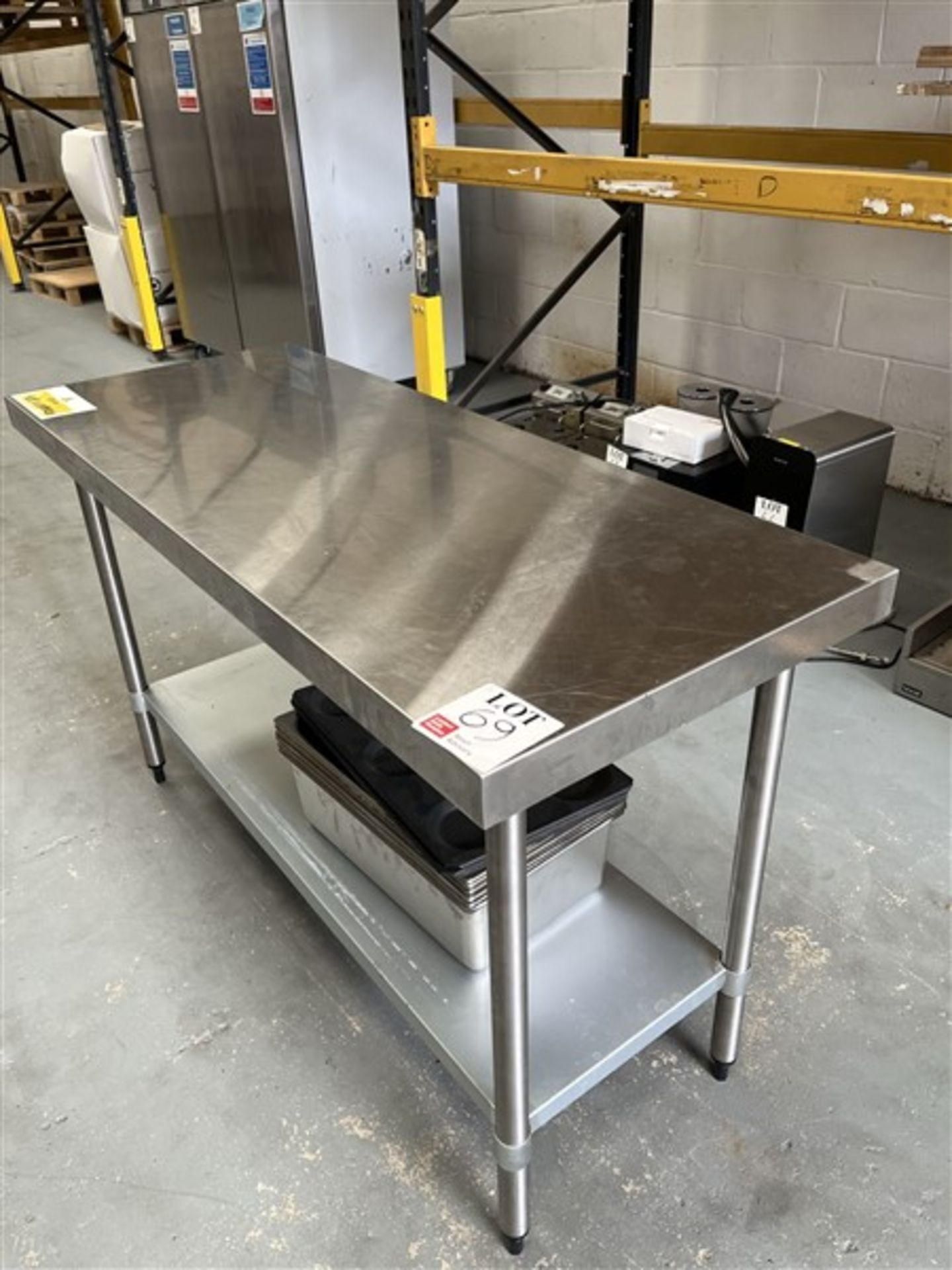 Stainless steel rectangular prep table, approx 1500 x 600mm, with stainless steel catering trays (