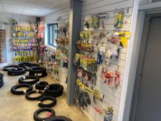 Contents of wall display units to include large quantity of brake calipers, brake, discs pads, bar