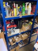 Contents of shelving unit to include various ride on mower spares, including mudguards, hand,