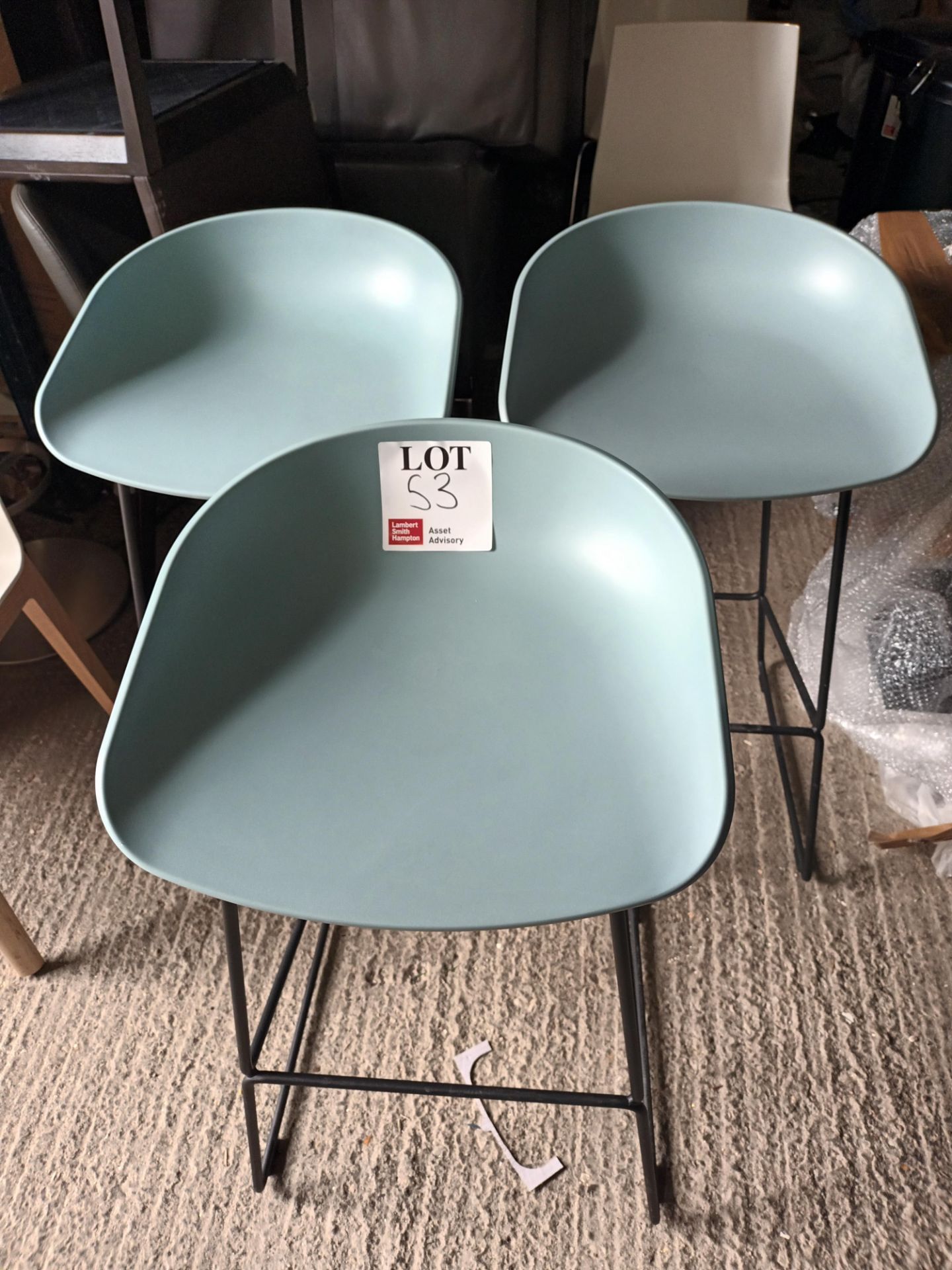 Three HAY light blue low back high stools (Located: Billericay)
