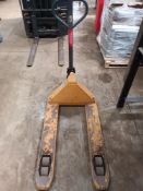 Powell MIC pallet truck, three various sack barrows and a set of steps (Located: Hanslope)