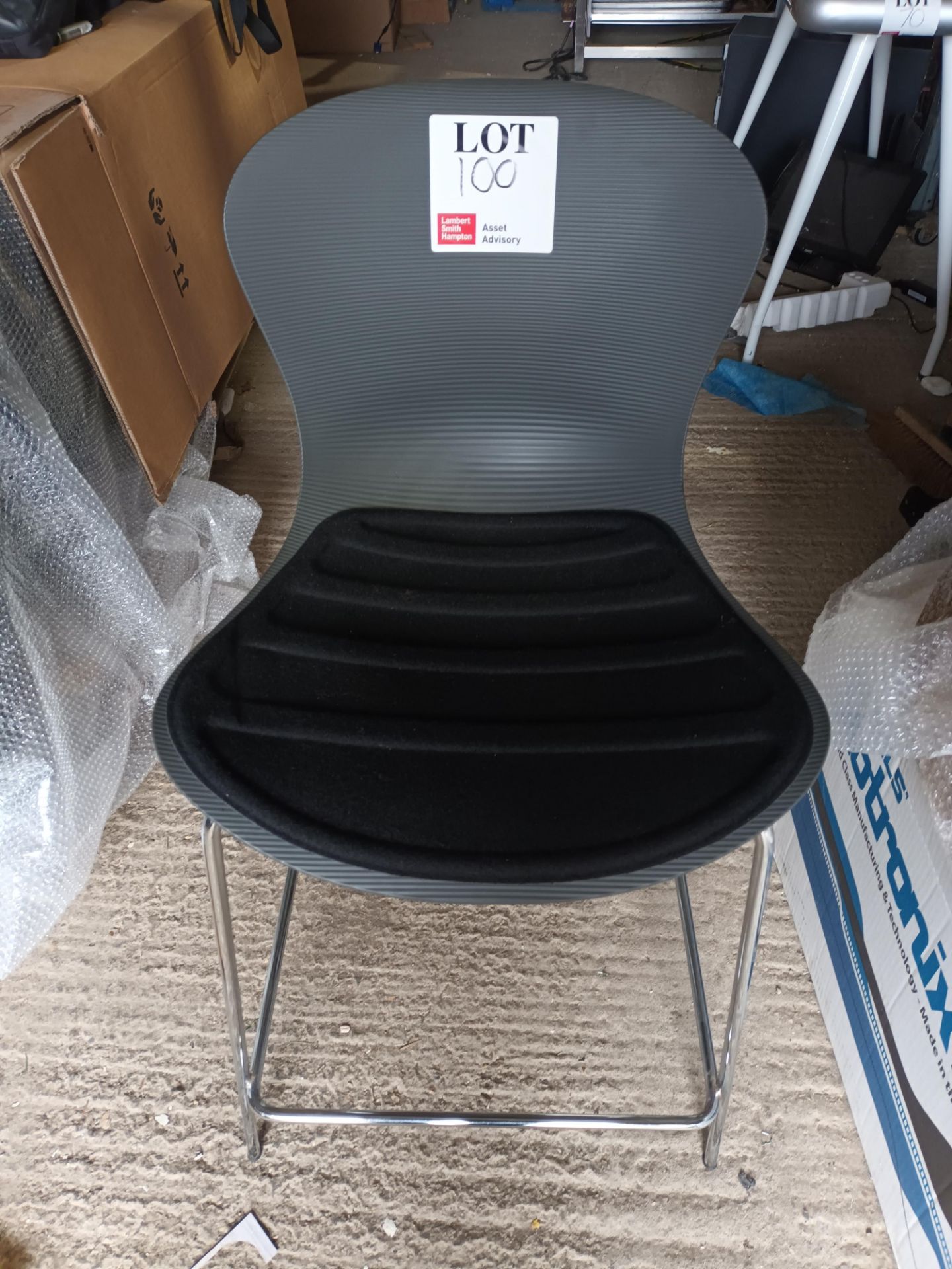 Fritz Hansen grey hardback with chrome frame chair (Located: Billericay)