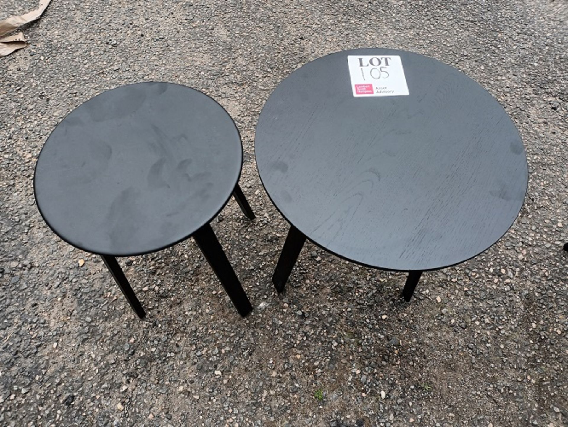 Two black metal and dark wood side tables (Located: Billericay)