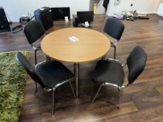 Light wood effect, round table with x4 black upholstered chairs