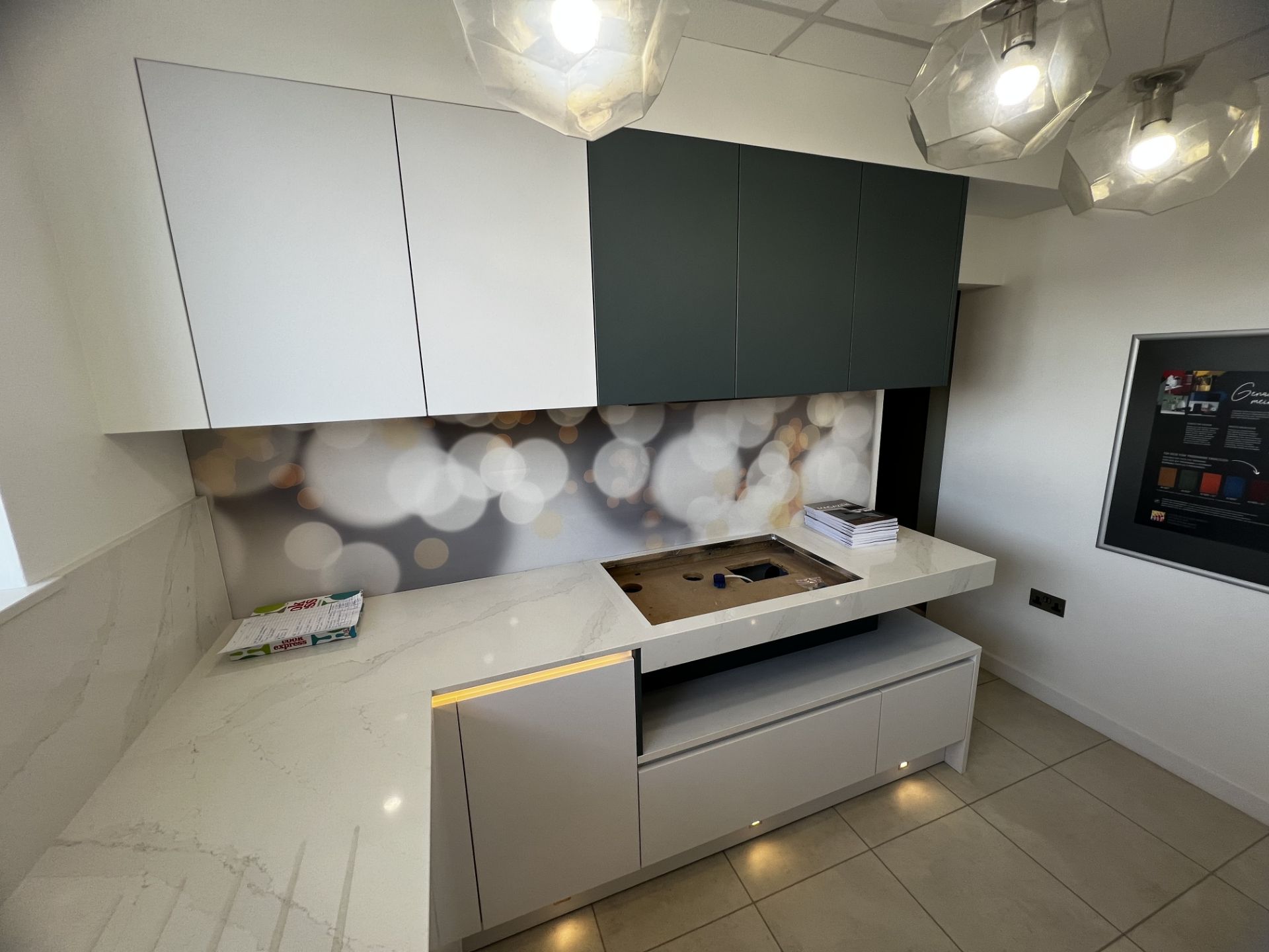 Light marble and grey effect display kitchen to include built in sink, retail price £20,000 (not - Image 3 of 5