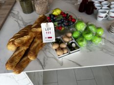 Assorted plastic fruit, eggs & bread