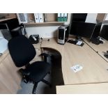 Light wood effect corner desk, with 1 pedestal & 1 black upholstered office chair